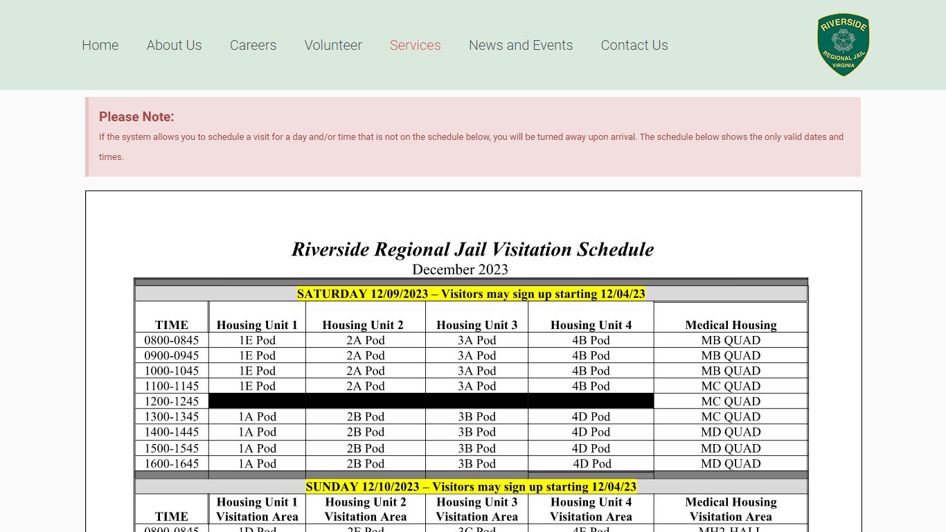 Inmate On-Site Visitation · Riverside Regional Jail